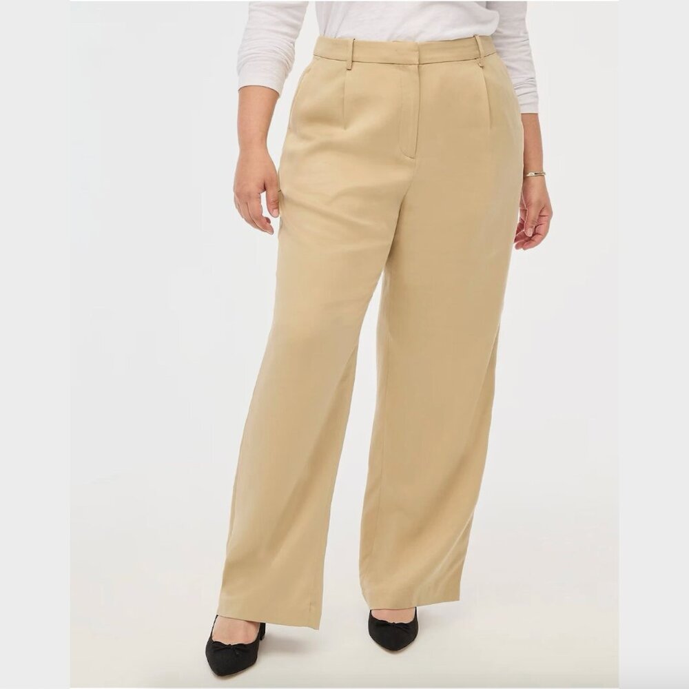 J. Crew Wide-Leg Pleated Twill Trouser Pant in Tan - Size 12